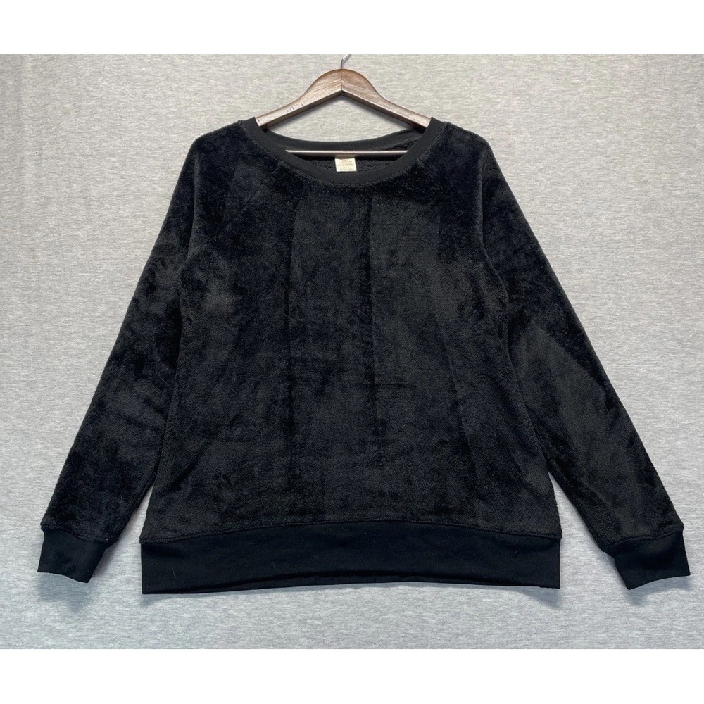 Faded Glory Plush Fleece Sleepwear Sweatshirt Womens L (12-14) Black Ribbed Trim